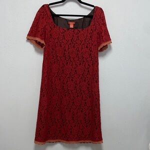 Sundance Red Floral Lace Brown Silk Lining Short Sleeve Overlay Shift Dress 3672